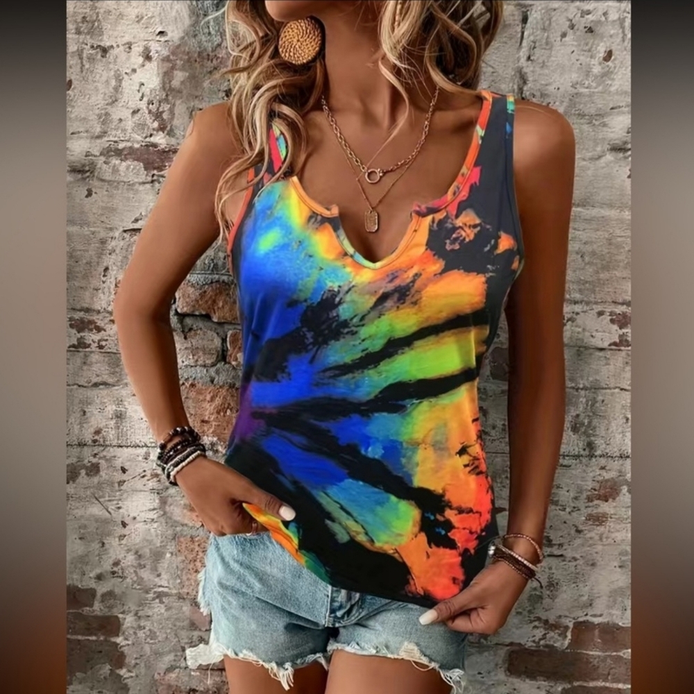 EUC🔹️Tie Dye Tank Top with Notched Neck - Large